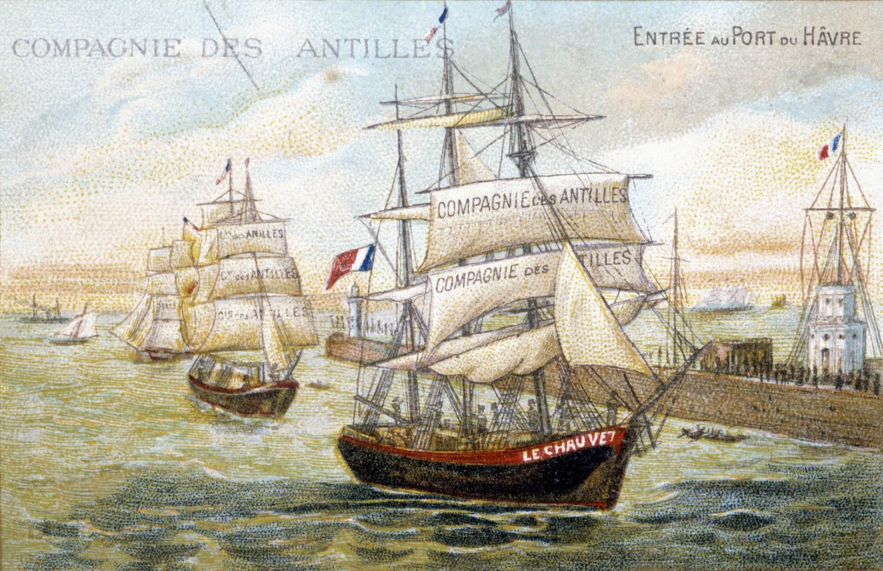 Plavidla společnosti Západní Indie v přístavu Le Havre. Ilustrace z 19. století dochovaná v městské knihovně v Dinanu. od French School