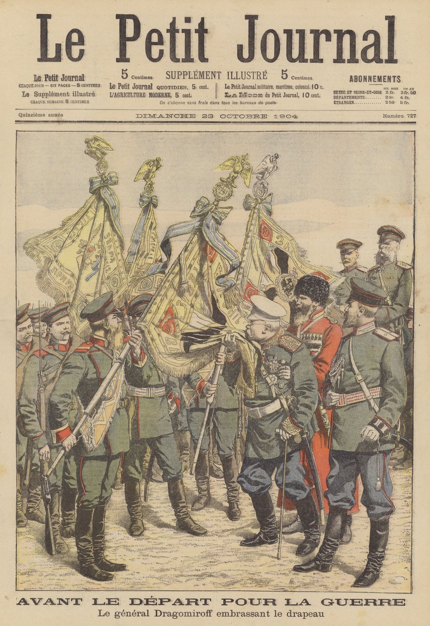 Ruský generál veterán Michail Dragomirov líbá vlajku pluku odjíždějícího do rusko-japonské války (barevná litografie) od French School