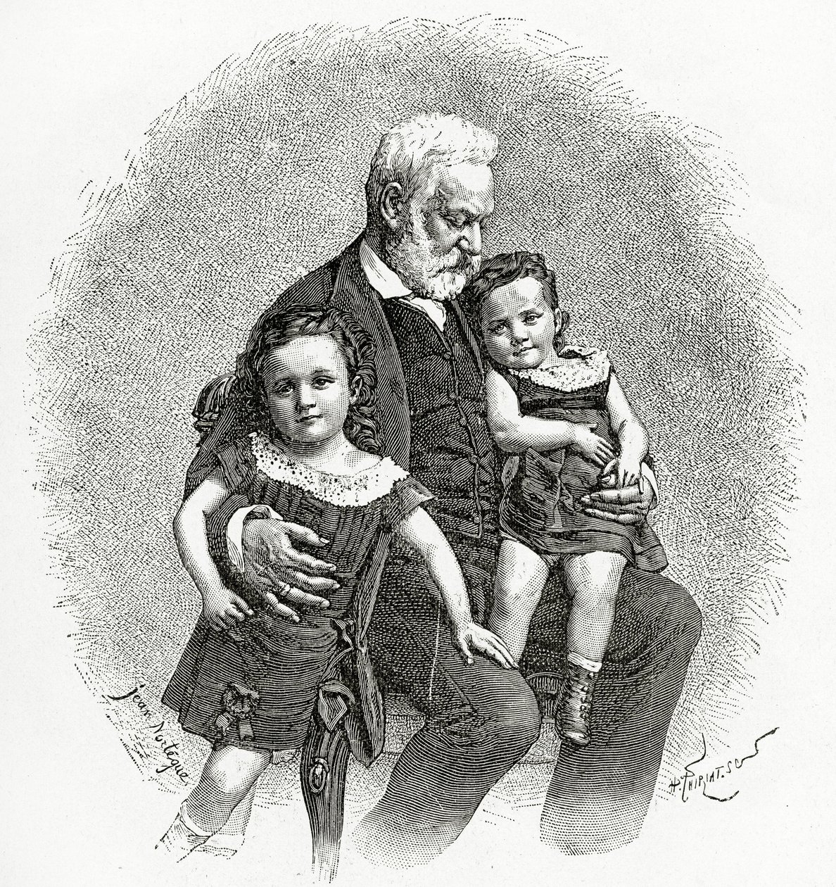 Victor Hugo a jeho vnuci, 19. století (č. rytina) od French School