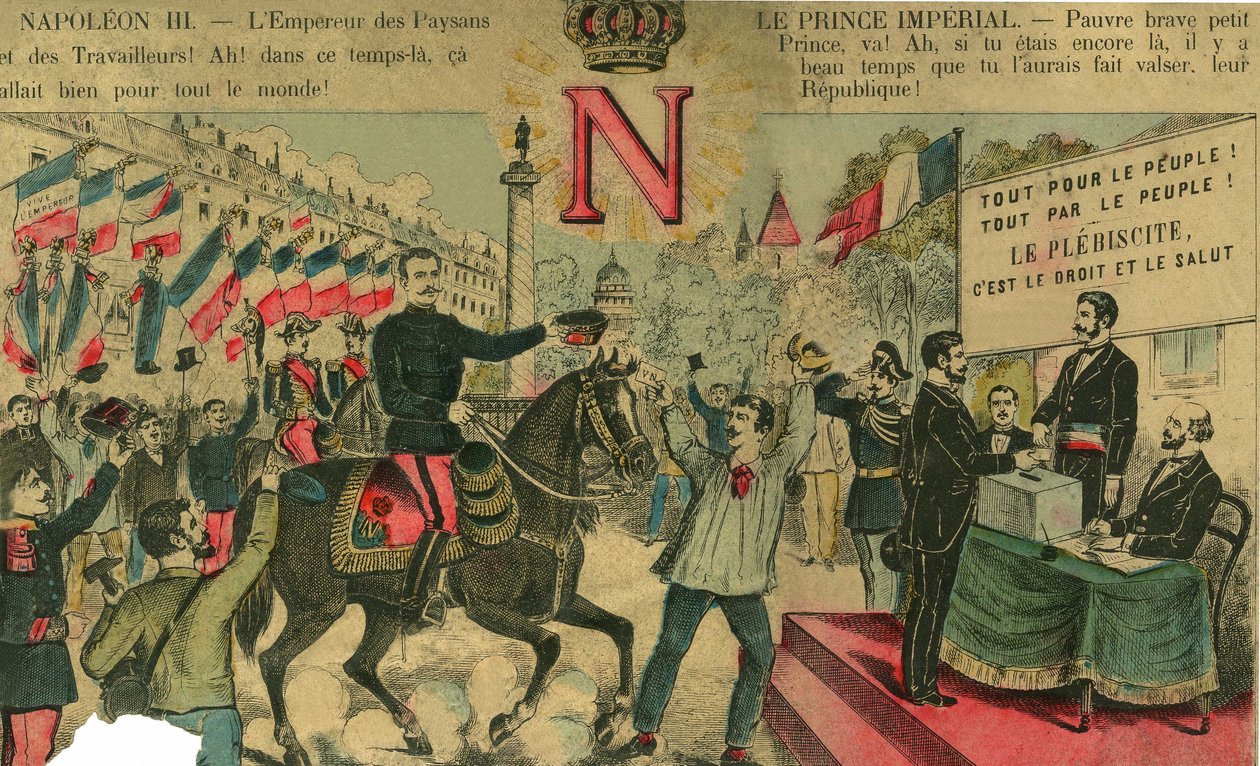 Victor Napoleon (1862-1926) v čele příznivců Bonapartistů, poslední dědic Napoleona I. musel odejít do exilu na základě zákona přijatého Třetí republikou v roce 1886. Rytina v „“Le Figaro, dodatek““, dne 30.03.1889, Paříž. od French School