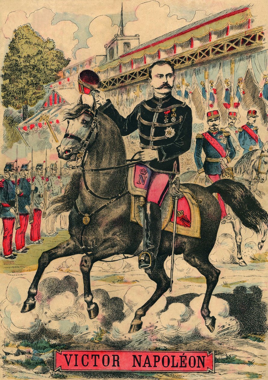 Victor Napoleon (1862-1926) v čele stoupenců bonapartistů, poslední dědic Napoleona I., musel na základě zákona přijatého Třetí republikou v roce 1886 odejít do exilu. Rytina v příloze "Le Figaro" z 30. 3. 1889, Paříž. Sb. Selva. od French School