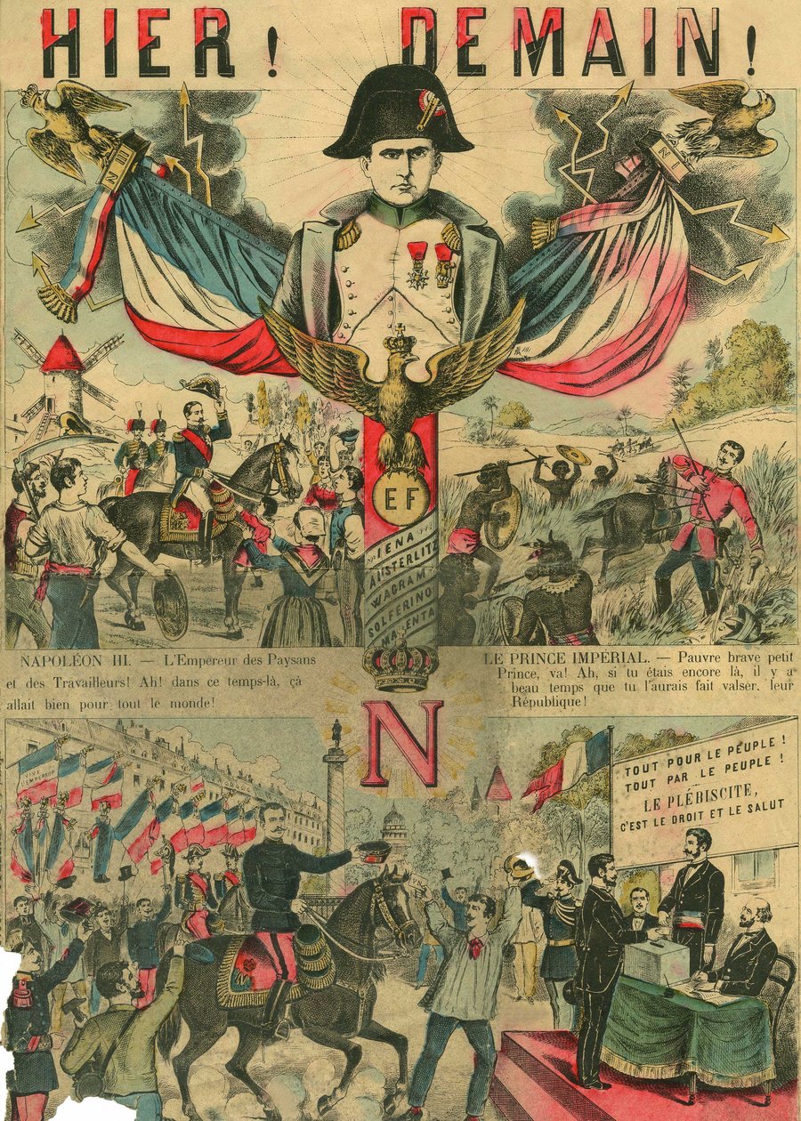Victor Napoleon (1862-1926) v čele stoupenců bonapartistů, poslední dědic Napoleona I., musel na základě zákona přijatého Třetí republikou v roce 1886 odejít do exilu. Rytina v příloze "Le Figaro" z 30. 3. 1889, Paříž. od French School