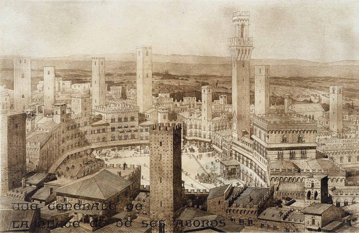 Pohled přes Sienu, z Fragments dArchitecture du Moyen Age et de la Renaissance, vyryl Jules Adolphe Chauvet (nar. 1828) od French School