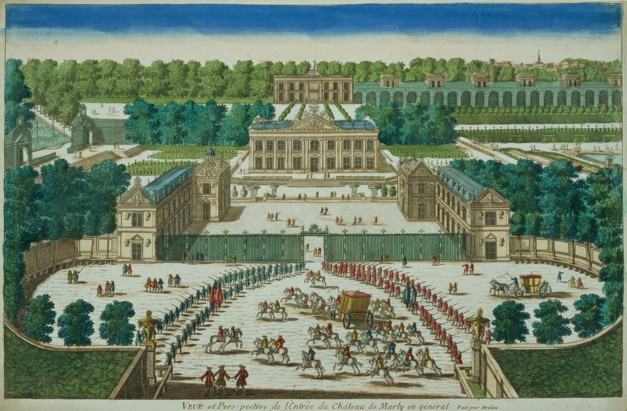 Pohled a perspektiva vchodu do zámku Marly, vyrytý Antoine Aveline (1691-1743) od French School