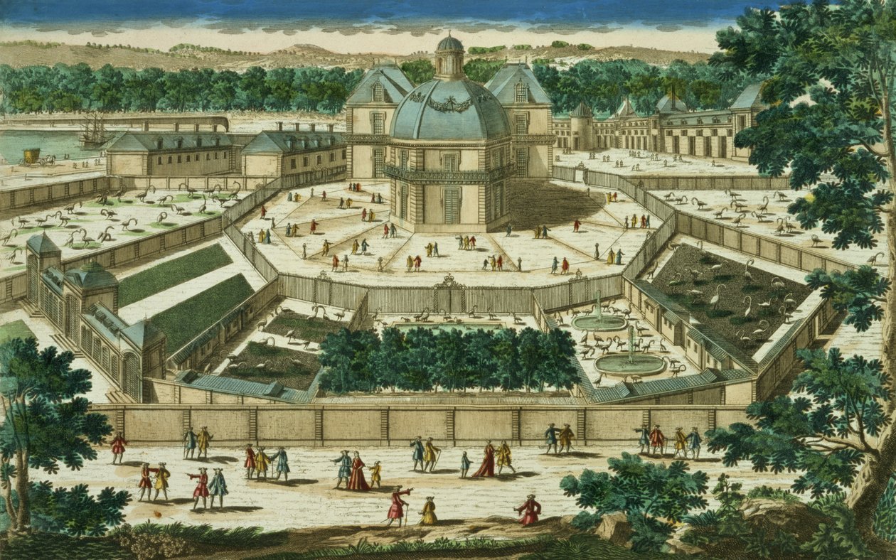 Pohled a perspektiva Salon de la Menagerie ve Versailles, vyrytý Antoine Aveline (1691-1743) od French School