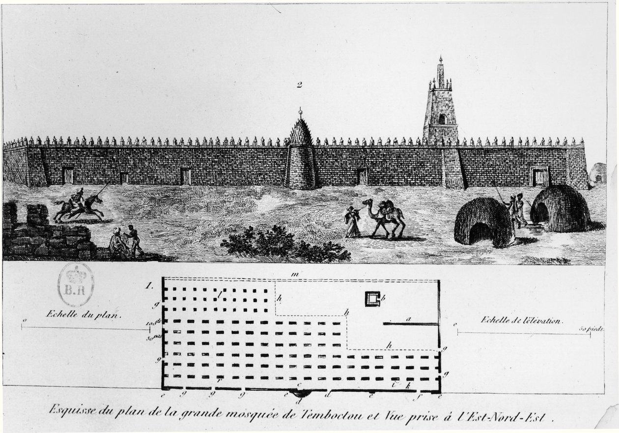 Pohled a plán velké mešity v Timbuktu, z Journal dun voyage a Tombouctou od Rene Caillie (1799-1838), 1830 od French School