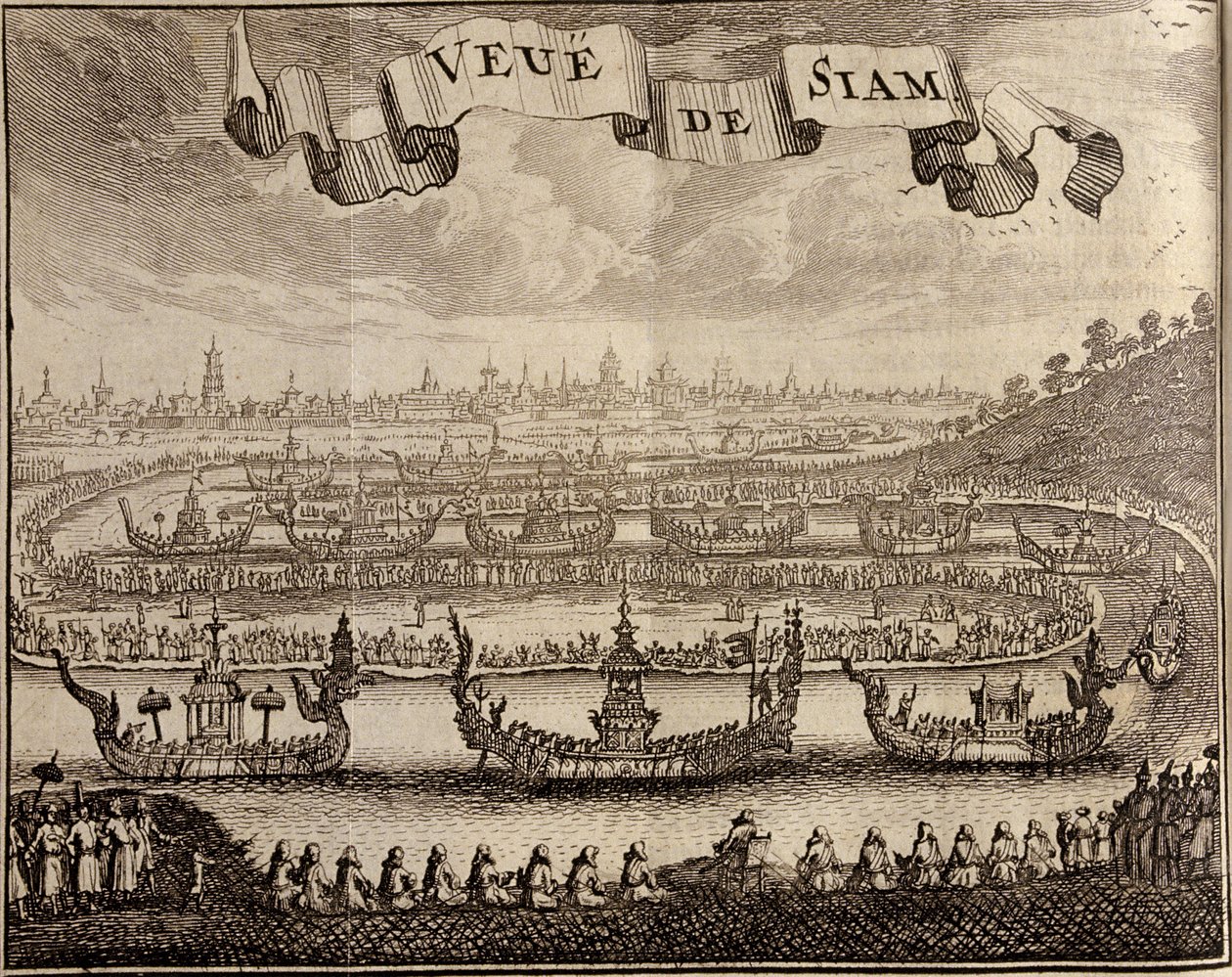 Pohled na Ayutthayu s královskými bárkami, z knihy Guy Tacharda Voyage du Siam des Peres Jesuites, 1688. od French School