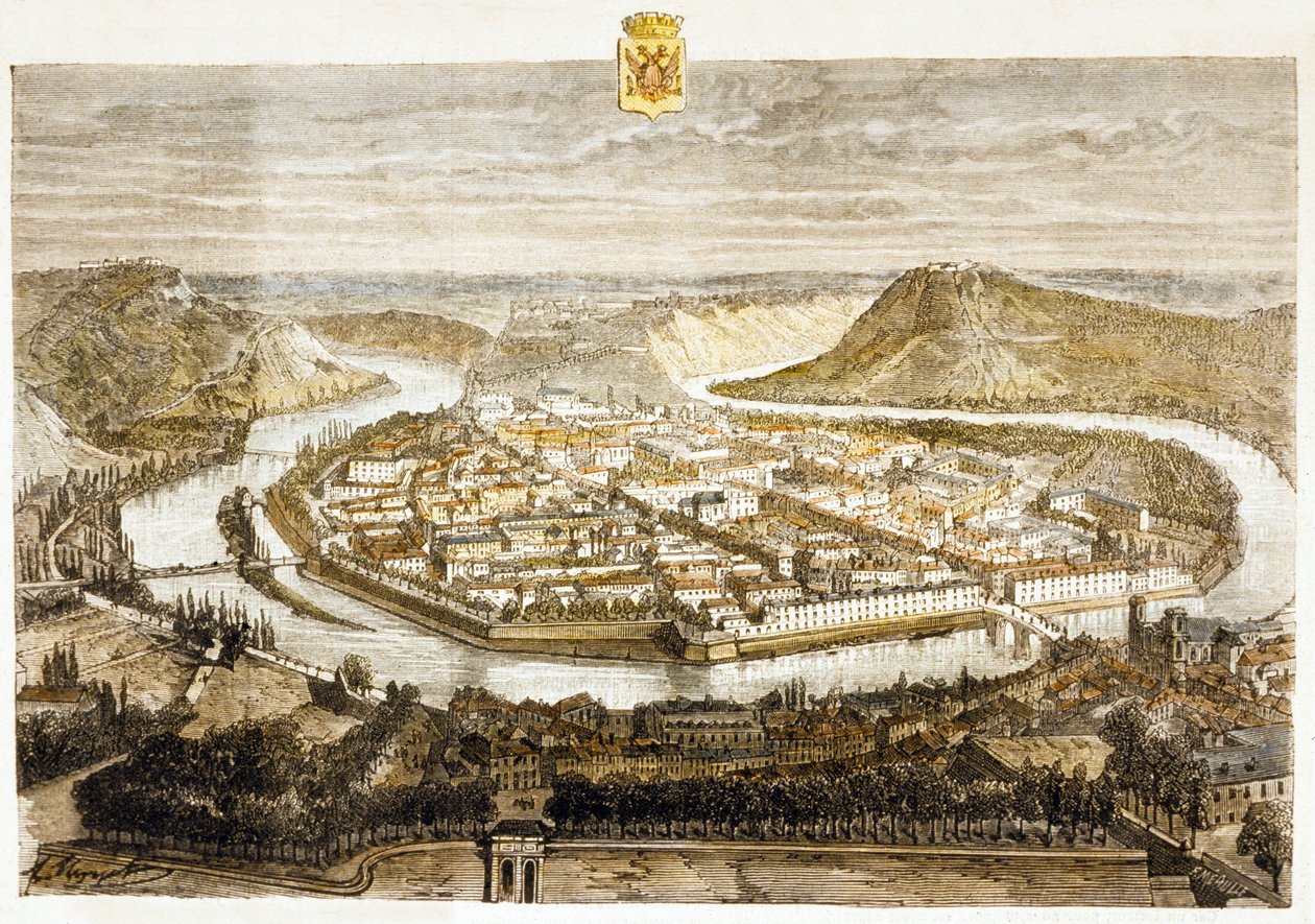 Pohled na Besancon, Francie (barevná rytina) od French School
