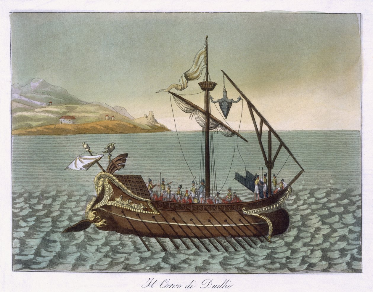 Pohled na Corvus, námořní jeřáb, použitý G. Duillusem, 1796 od French School