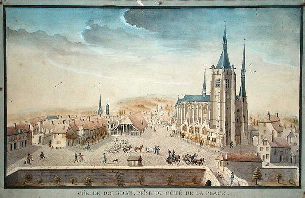 Pohled na Dourdan od vězně, cca 1800 (wc na papíře) od French School