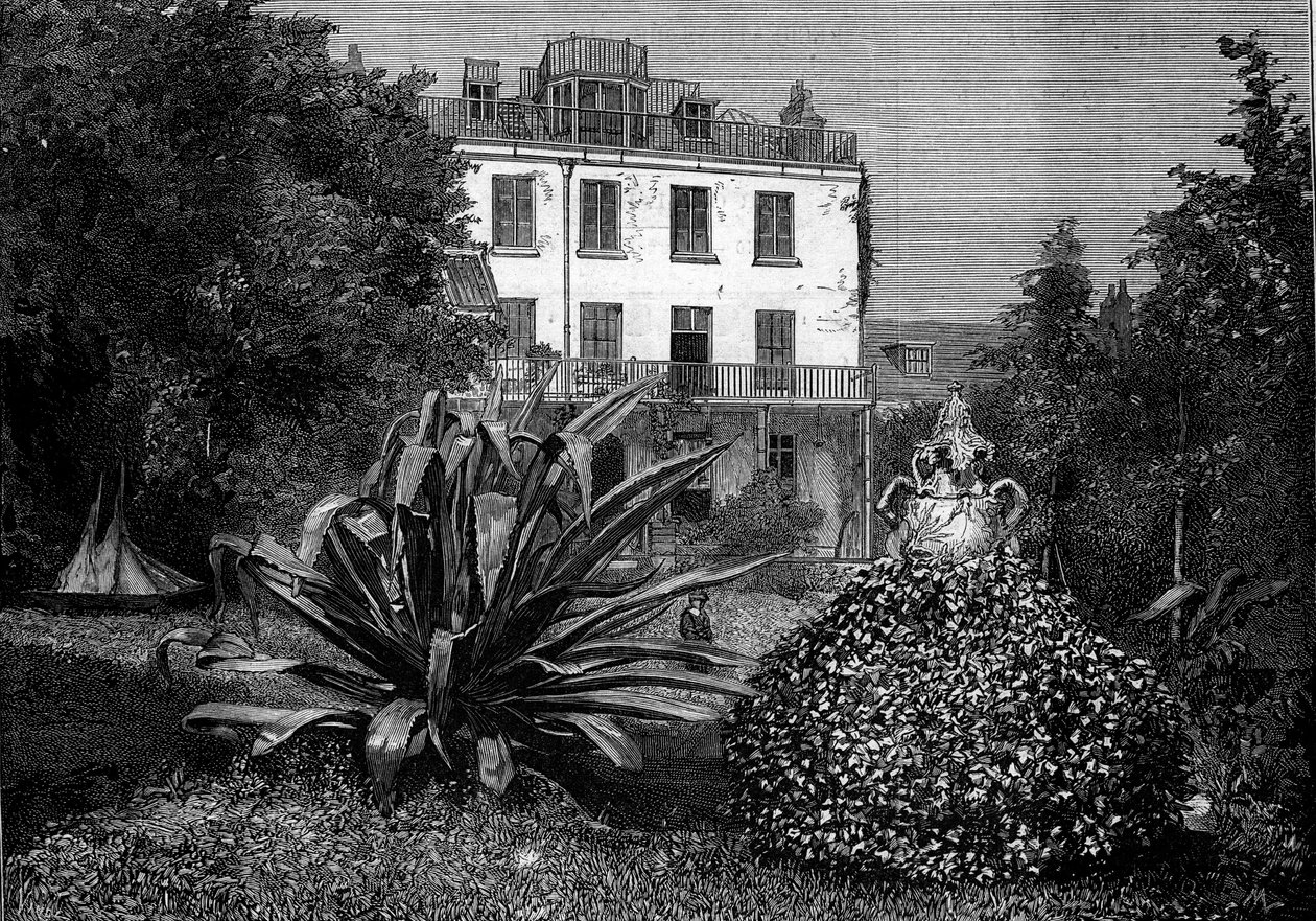 Pohled na Hauteville House (Hauteville-House), sídlo Victora Huga během jeho exilu na ostrově Guernsey. Gravírování do „“The Illustrous World““ č. 1249 z 5. března od French School