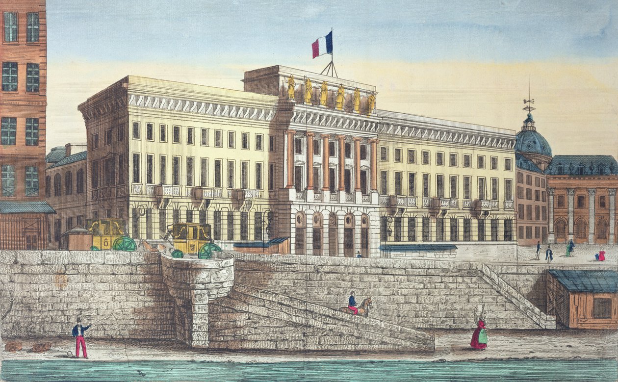 Pohled na LHotel des Monnaies z Pont Neuf, Paříž (barevná rytina) od French School