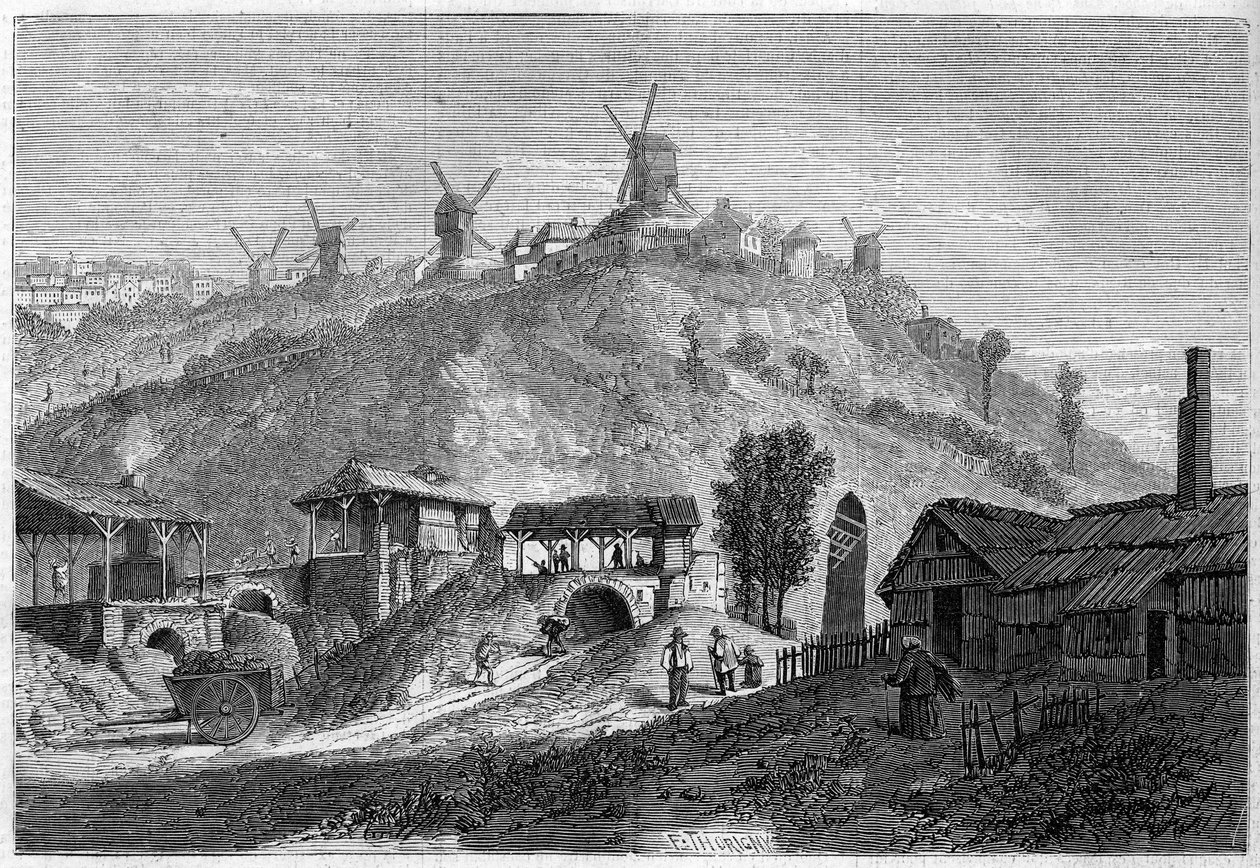 Pohled na Montmartre v roce 1859, před připojením k městu Paříži v roce 1860. Pohled z roviny Saint Denis. Rytina v „“ Le Monde Illustré““ č. 141 z 24. prosince 1859. od French School