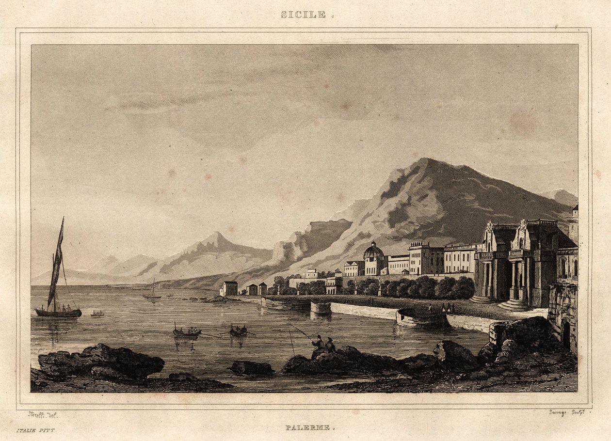 Pohled na Palermo, Sicílie, rytina Storelli, v „“ Malebné Itálii, editor Amable Coste od French School