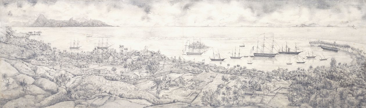 Pohled na Papeete, Tahiti, s výhledem na přístav směrem na Moorea, polovina 19. od French School