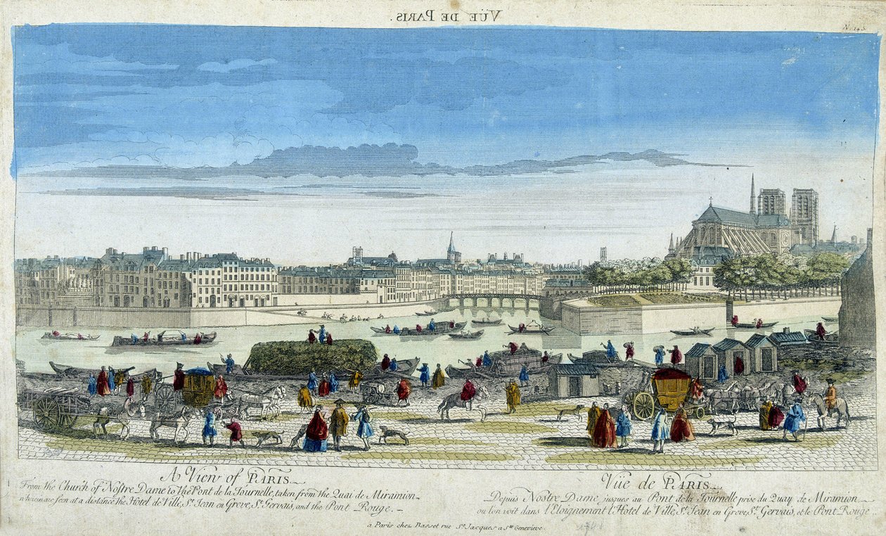 Pohled na Paříž a Notre-Dame (Notre Dame), s doky na Ile St Louis - rytina od French School