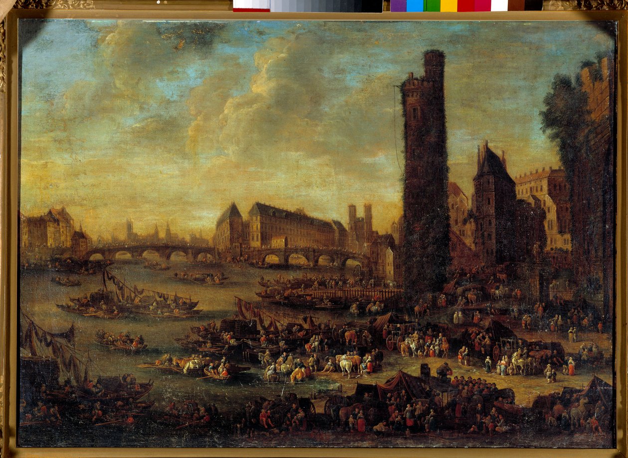 Pohled na Paříž z Côte de la Cite převzatý z malby Tour de Nesles francouzské školy. 1650 ne. 0,59 x 0,82 m Versailles. Zámecké muzeum od French School