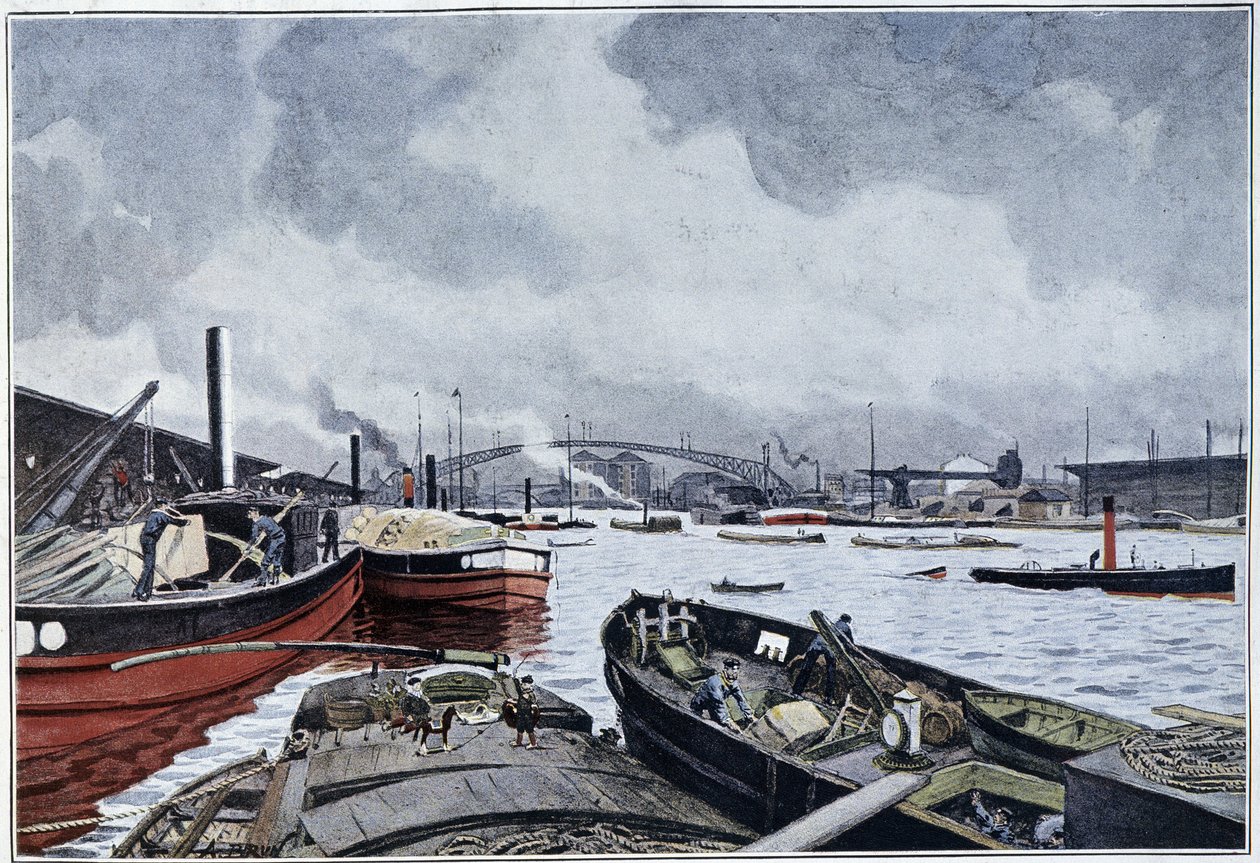 Pohled na Paříž, Seinu a pánev Villette, akvarel Brun. 1889. od French School