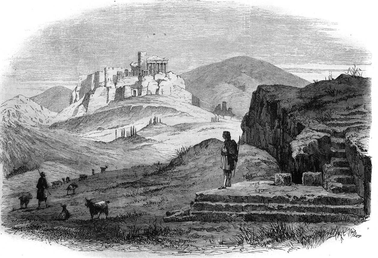 Pohled na Pnyx, kopec Athenes na západ od Akropole s výhledem na starověkou Agora. Rytina podle kresby M.F. Sargeais v „The Illustrous Universe““ od French School