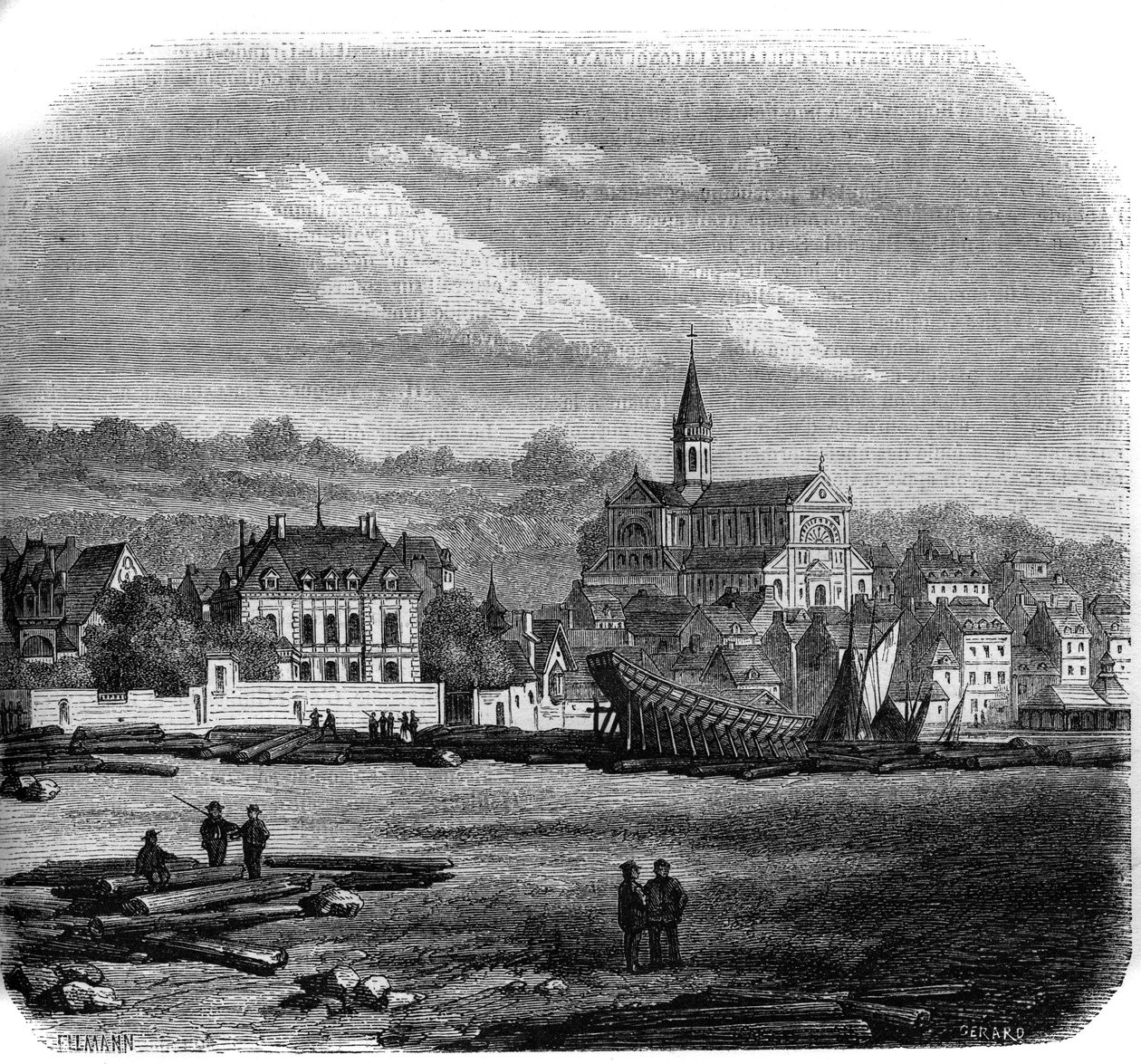 Pohled na Trouville sur Mer (Trouville-sur-Mer) s novým kostelem. Calvados (14). od French School