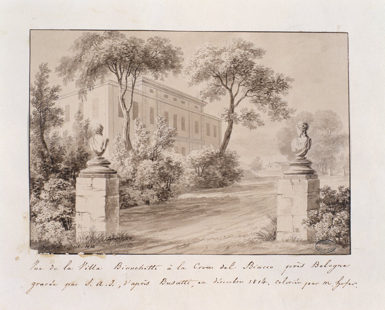 Pohled na Villa Bianchetti v Croce del Biacco poblíž Bologni, vyrytý S.A.I. podle Busattiho, koloroval M. Hofer, prosinec 1814 (kolor. rytina) od French School