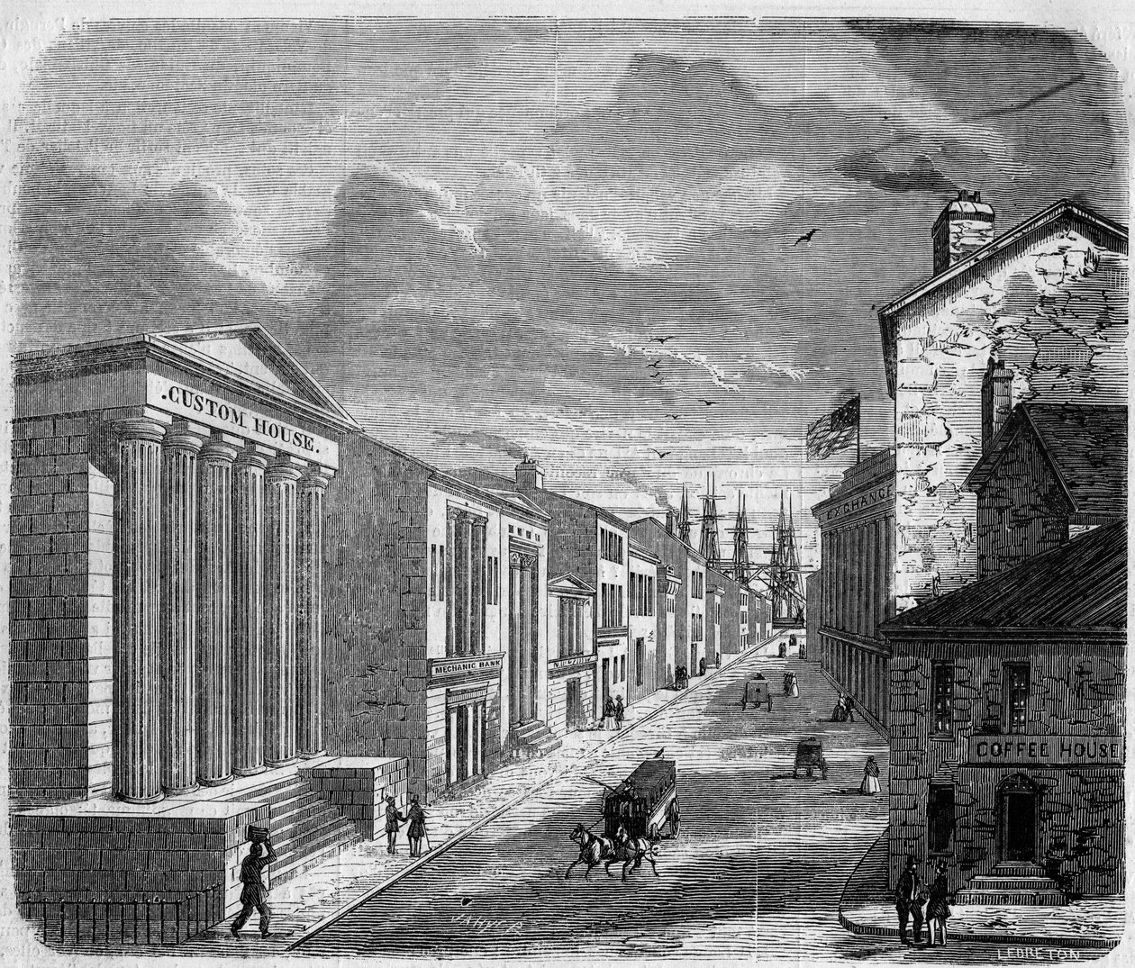 Pohled na Wall Street, bankovní čtvrť, New York, New York. Spojené státy americké (Spojené státy americké) od French School