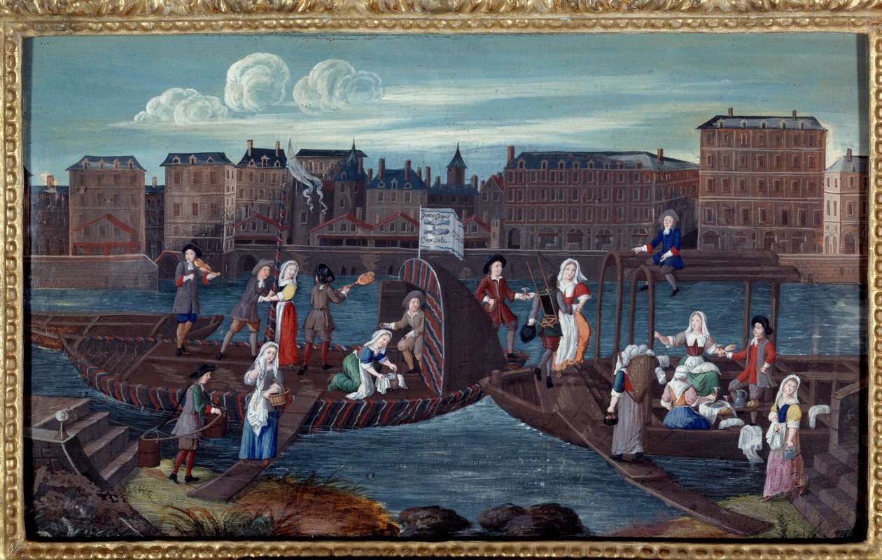 Pohled na rybí loď a bělící lodě na Quai de la Megisserie v Paříži Anonymní obraz francouzské školy. 1670. Paříž, Musee Carnavalet od French School