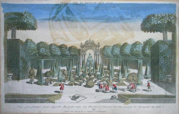 Pohled na háj a parter, kde se v létě fotí pomerančovníky, polovina 18. století (barevná rytina) od French School