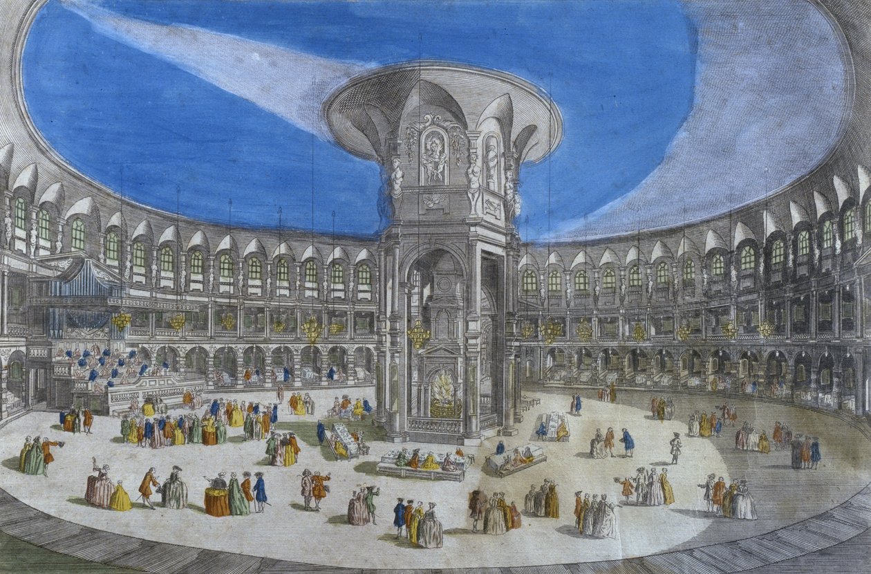 Pohled na slavnostní oběd, zahrady Ranelagh, interiér rotundy, Londýn (barevná rytina) od French School