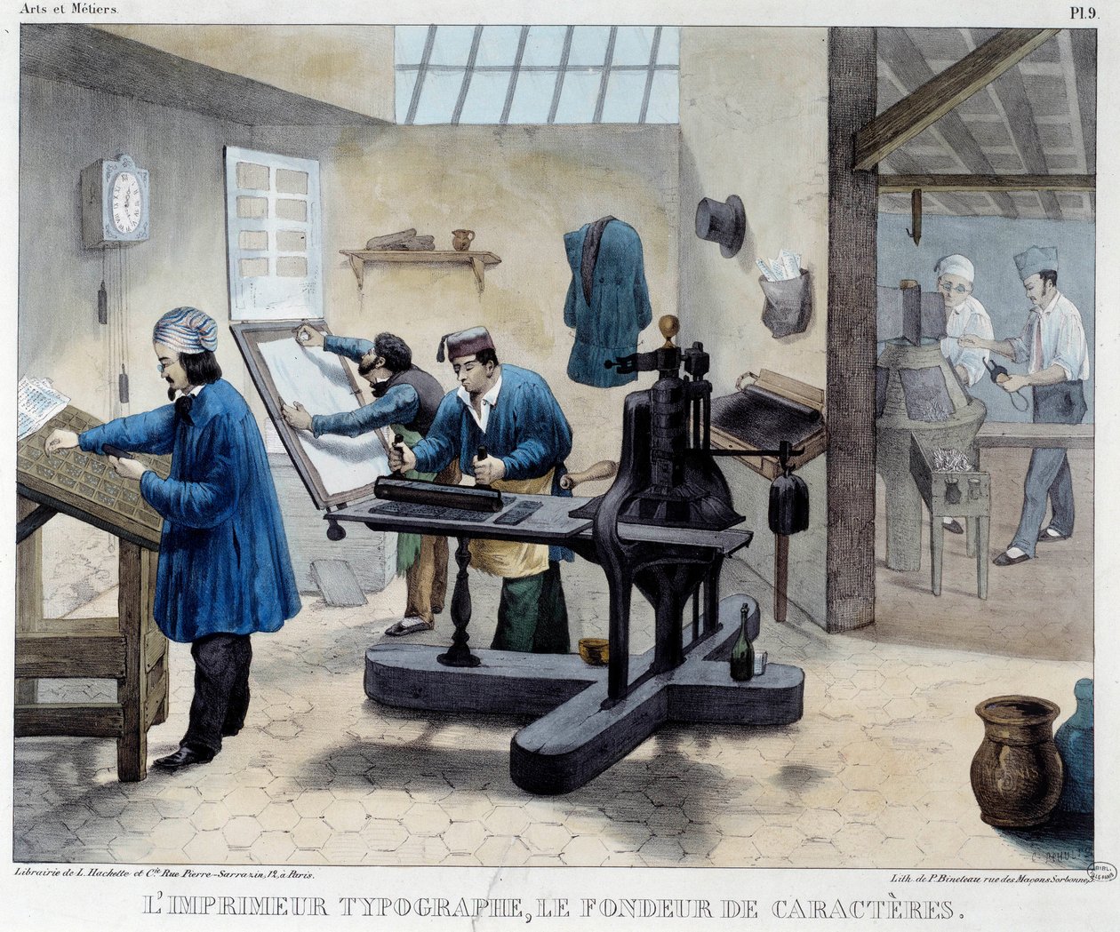 Pohled do tiskařské dílny: typograf a tvůrce znaků. Litografie Bineteau od French School