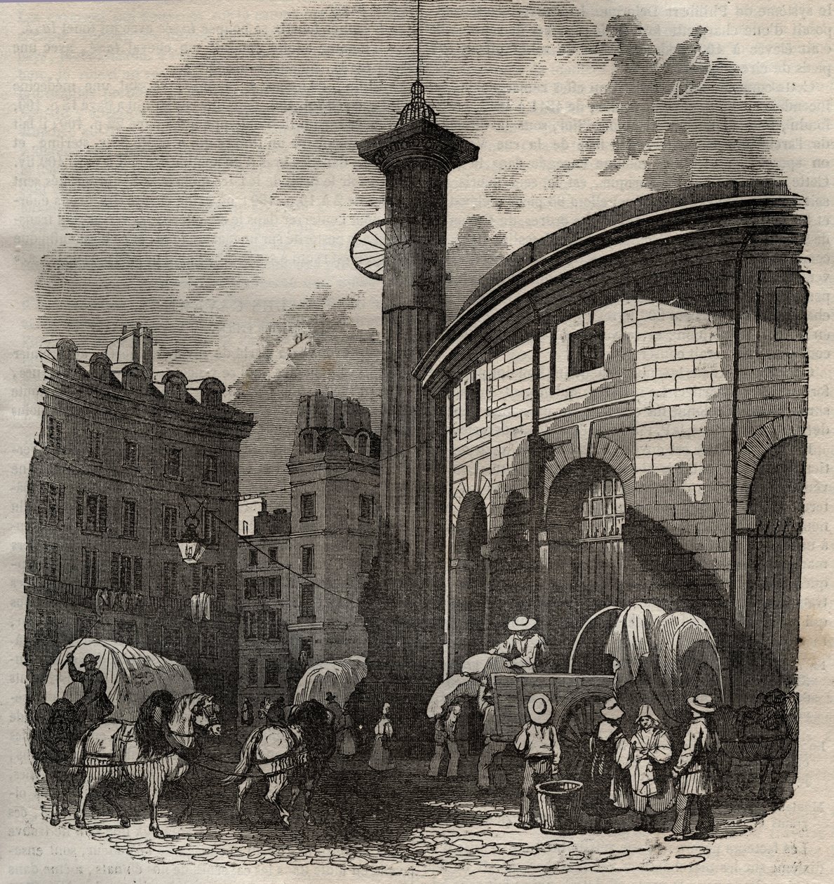 Pohled na halle au ble v Paříži (postavena v letech 1763-1769) a Medicejský sloup, rytina začátek 19. století - burza pšenice a kukuřice v Paříži (postavena v letech 1763-1769), rytina počátek 19. století - Pohled na Halle au ble, umístěn na současném Hote od French School