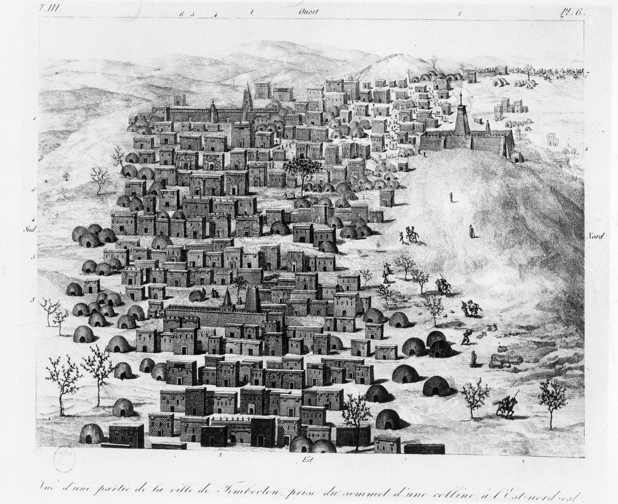Pohled na část města Timbuktoo pořízený z kopce na východ, z Voyage a Tombouctou od Rene Caillie, publikoval 1830 od French School
