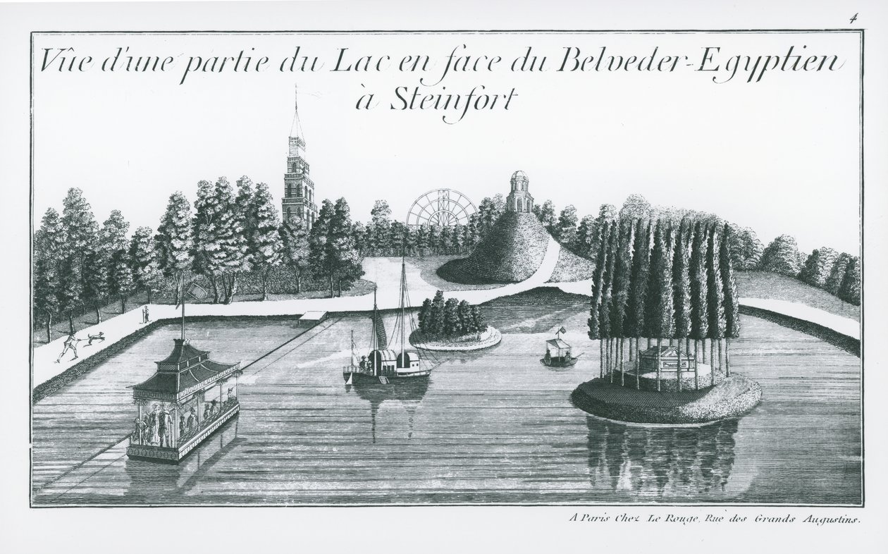 Pohled na část jezera před egyptským Belvederem ve Steinfortu, z „Jardins Anglo-Chinois de la Mode“ od George Louise Le Rouge, vydáno 1776-90 (rytina) (č/b foto) od French School