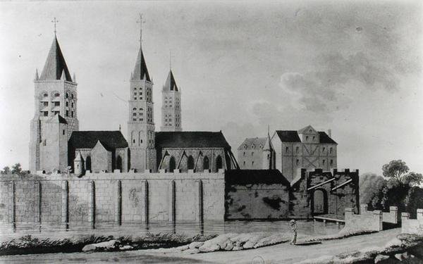 Pohled na opatství Saint-Germain-des-Pres na začátku 15. století (litografie) (čb foto) od French School