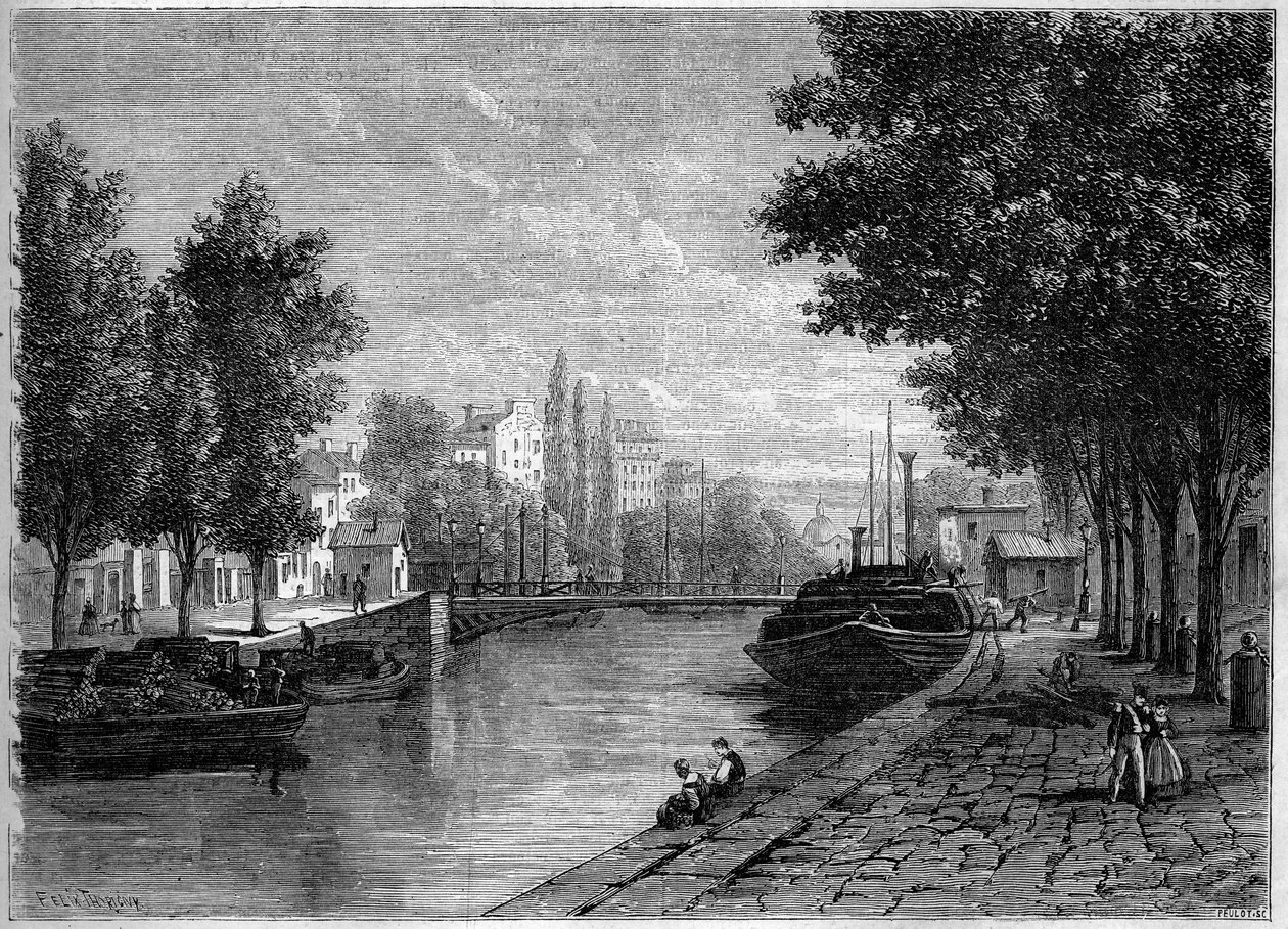 Pohled na Canal Saint Martin v Paříži před přeměnami, které provedl Haussmann v polovině 19. století. Pohled na výšku rue Saint Sebastien. Rytina v „“ Le Monde Illustré““ č. 233 z 28. září od French School