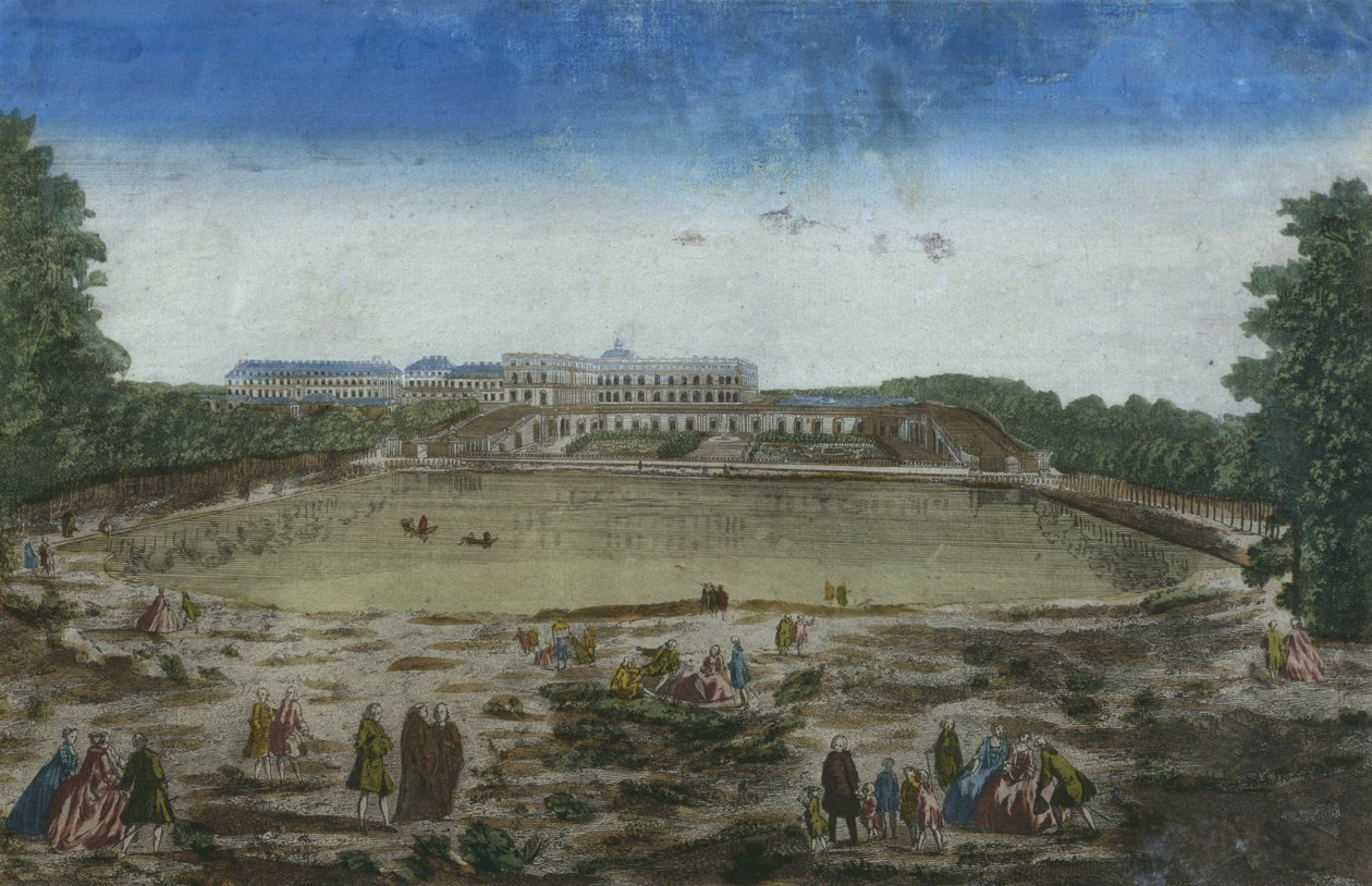 Pohled na zámek a Oranžérii z náměstí Piece deau des Suisses, Versailles, Francie od French School