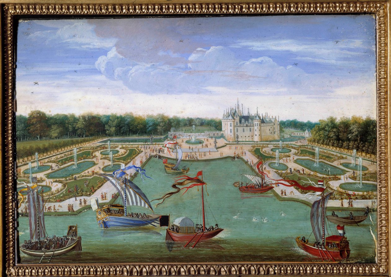Pohled na Chateau de Chantilly a postele převzaté z anonymního obrazu Vertugadina z Ecole francaise. Kolem 1680. Rozm. 0,26x0,34 m. Chantilly, musee Conde - Pohled na hrad Chantilly a parterů z Vertugadinu. Anonymní malování od French School