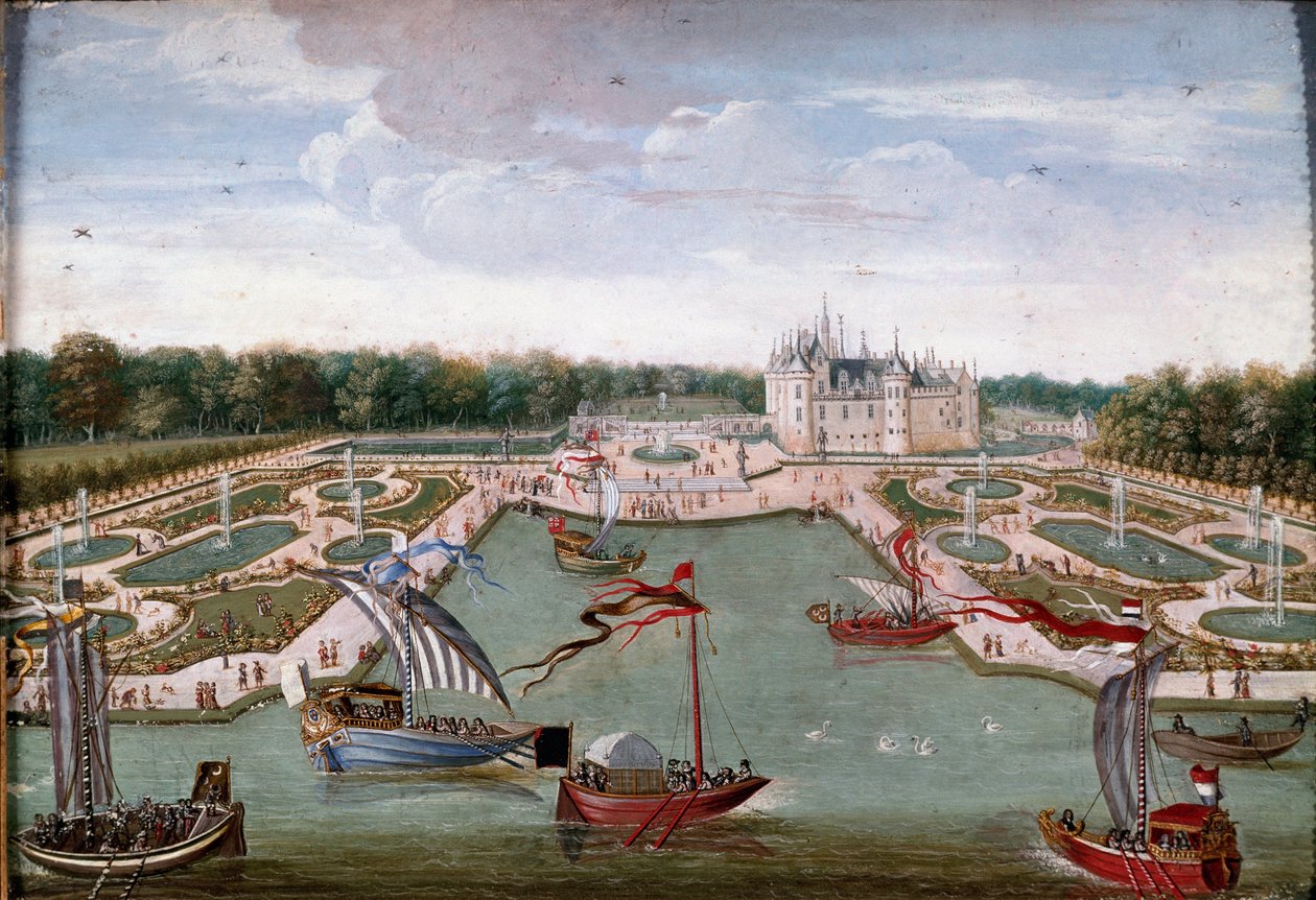 Pohled na Chateau de Chantilly a postele převzaté z anonymního obrazu Vertugadina z Ecole francaise. Kolem 1680. Rozm. 0,26x0,34 m. Chantilly, Conde Museum od French School