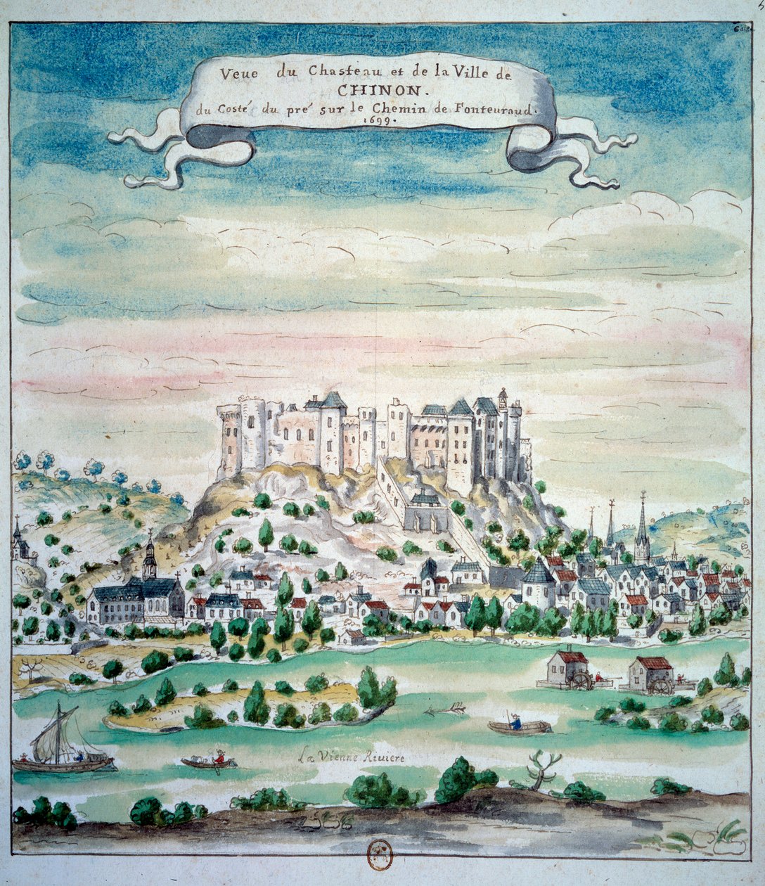 Pohled na Chateau de Chinon Akvarel z francouzské školy. 1699 Paříž, B.N. od French School
