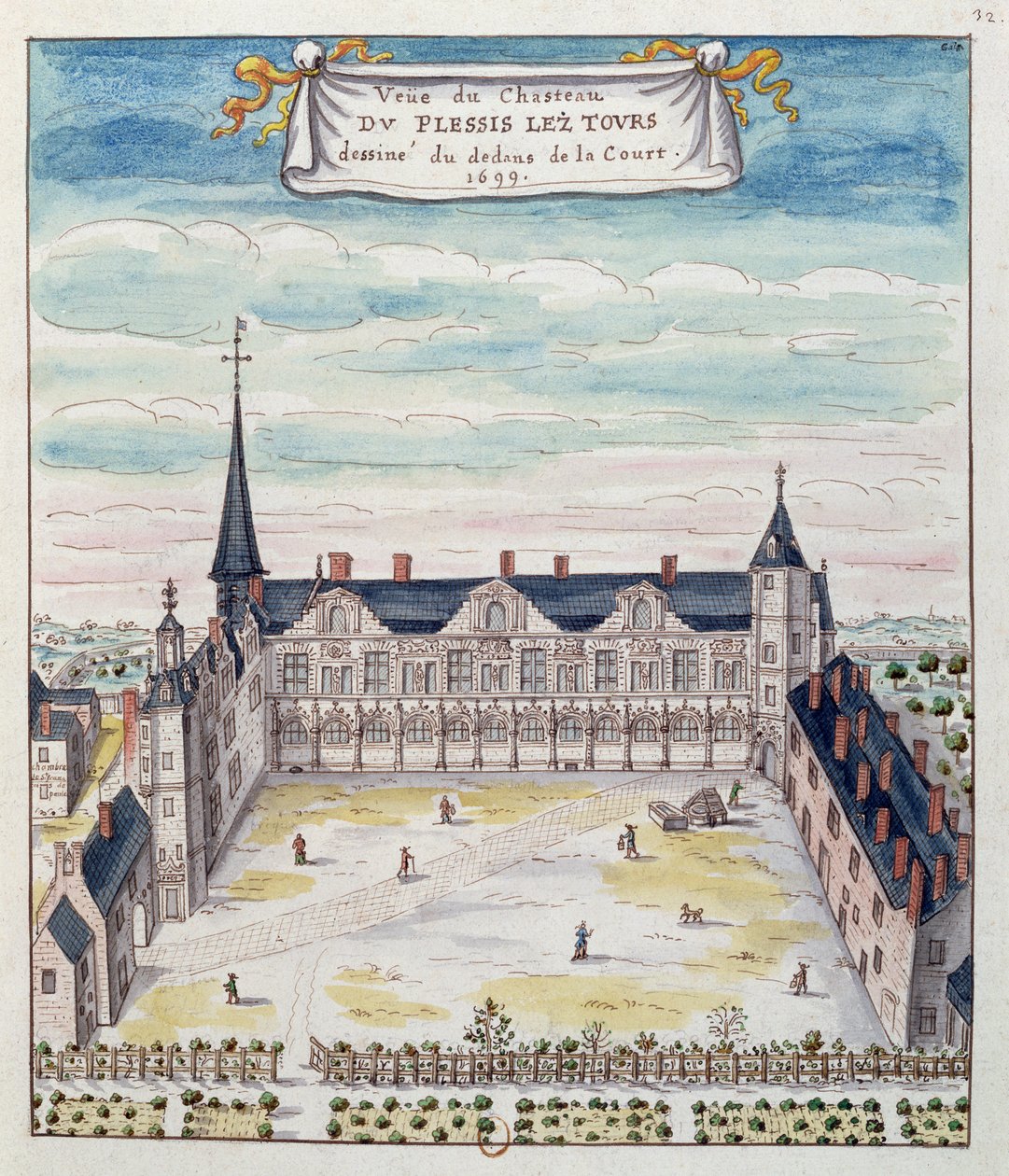 Pohled na zámek Plessis-les-Tours v Tourraine, 1699 (perem a tuší na papíře) (viz také 173766) od French School