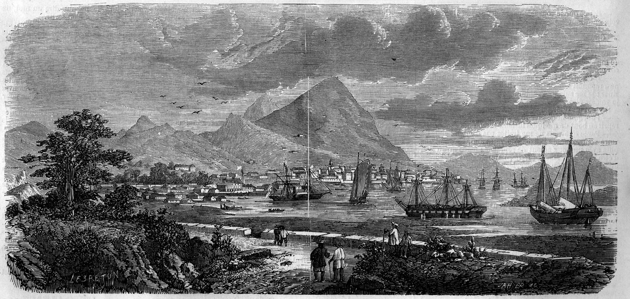 Pohled na město Hong Kong (Hong Kong) (ostrov Canton Bay) v roce 1857. Rytina v „“ Le Monde Illustré““ č. 29 z 31. října 1857. od French School