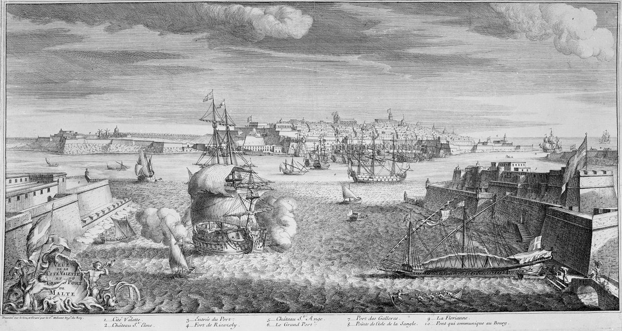Pohled na město Valletta, přístav Malta, c.1736 (rytina) od French School