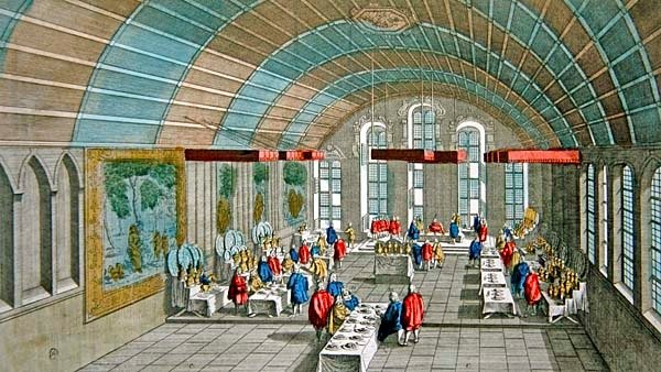 Pohled na večeři udělenou císaři a saským kurfiřtům v roce 1758 na radnici ve Frankfurtu, Německo (barevná rytina) od French School