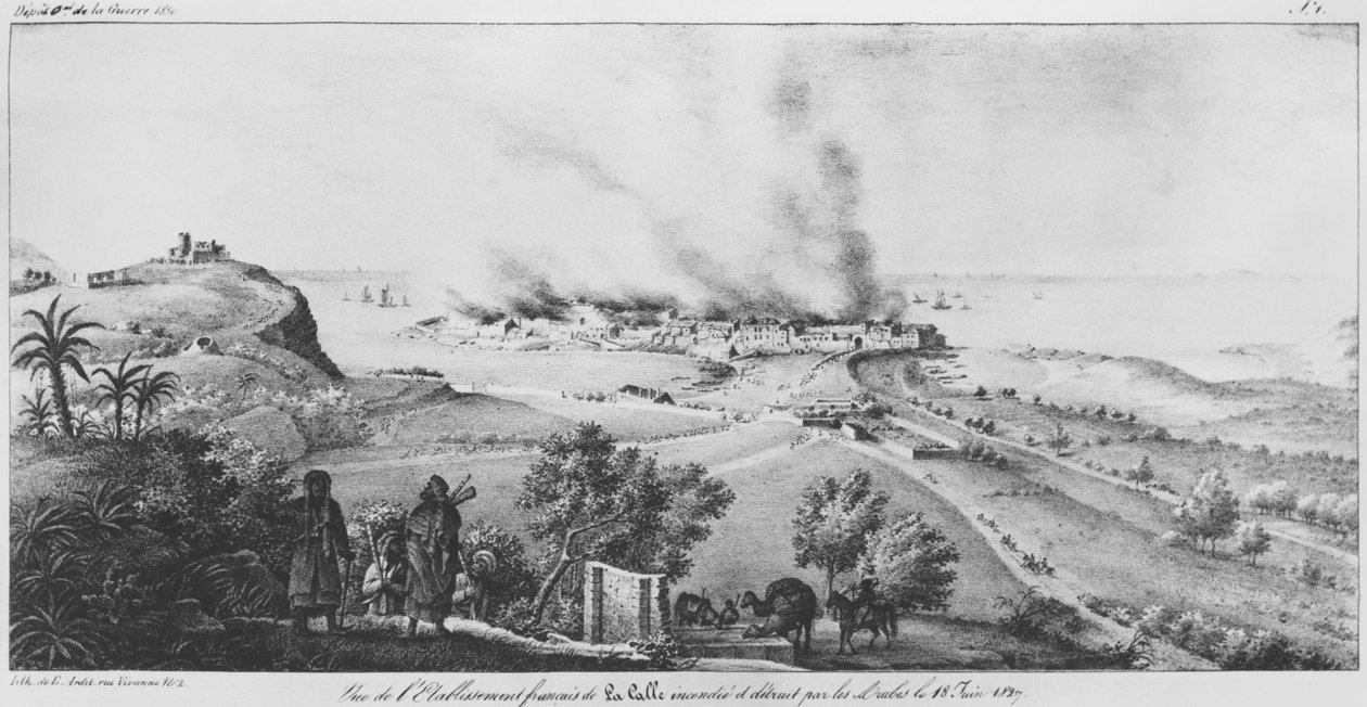 Pohled na francouzský podnik v La Calle vypálený a zničený Araby 18. června 1827, ilustrace z Atlas de lapercu historique, statistique et topographique sur letat dAlger, lusage od French School