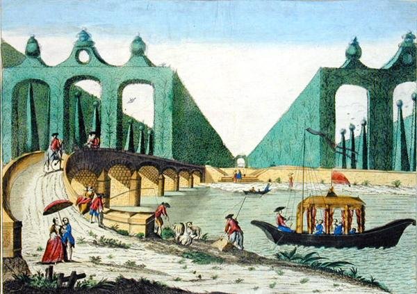 Pohled na zahrady lorda Hamiltona směrem k mostu přes řeku Temži poblíž Londýna (barevná rytina) od French School