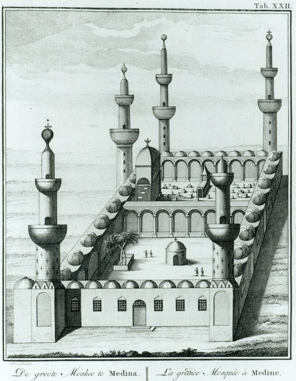 Pohled na Velkou mešitu v Medině před znesvěcením hrobek wahhábistickou sektou, z Description de lArabie od Carstena Niebuhra (1733-1815) publikovaného 1774 od French School