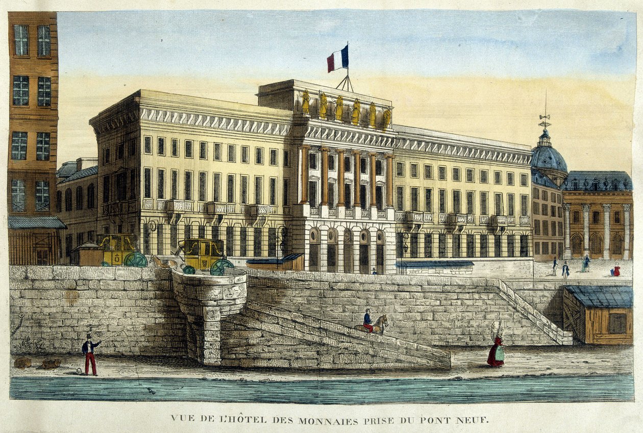 Pohled na Hotel des Monnins z Pont Neuf - rytina, začátek 19. století od French School