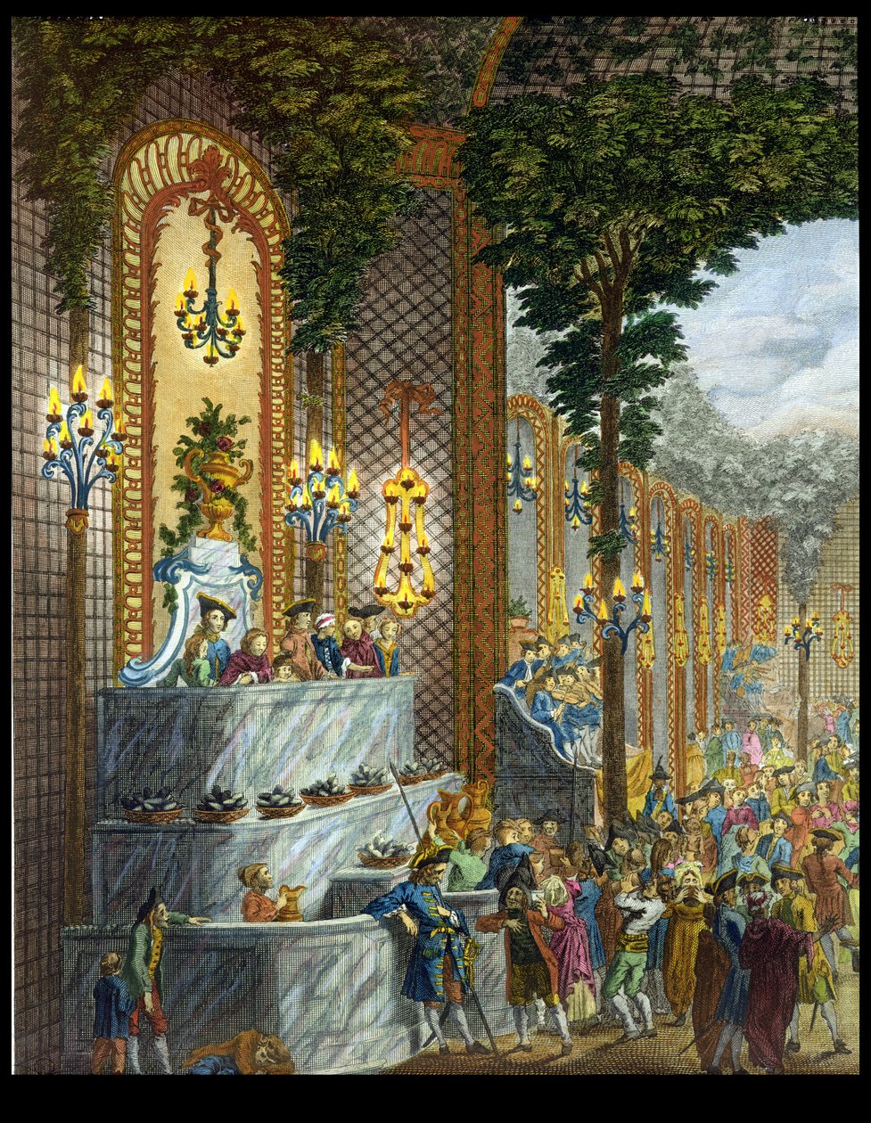 Pohled na interiér v jednom z pokojů Place de Louis le Grand, Pohled na vchod do Salonu (detail 101860) (barevná rytina) od French School