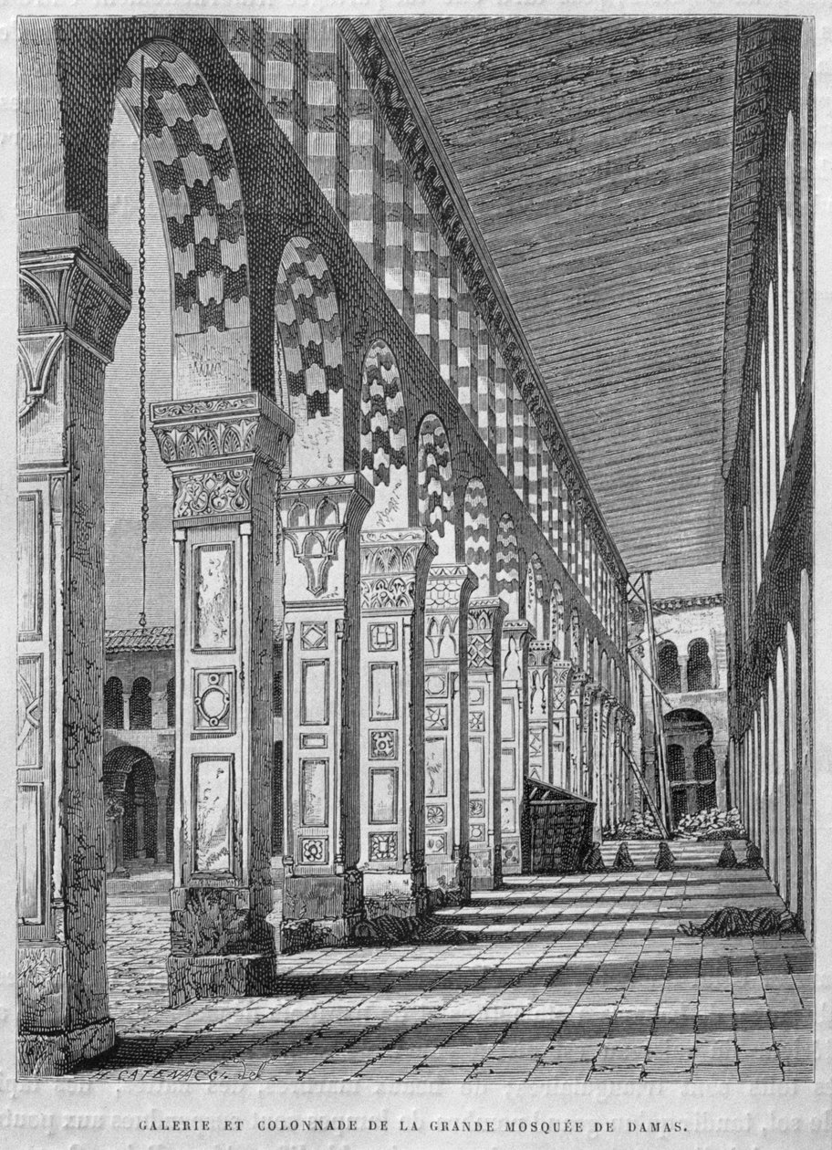 Pohled na Severní Portico, Umajjovská mešita, Damašek, Sýrie, ze Sýrie dnes. Cestuje po Fénicii, Libanonu a Judeji. 1875-1880 Louis Charles Emile Lortet, 1884 (č. rytina) od French School