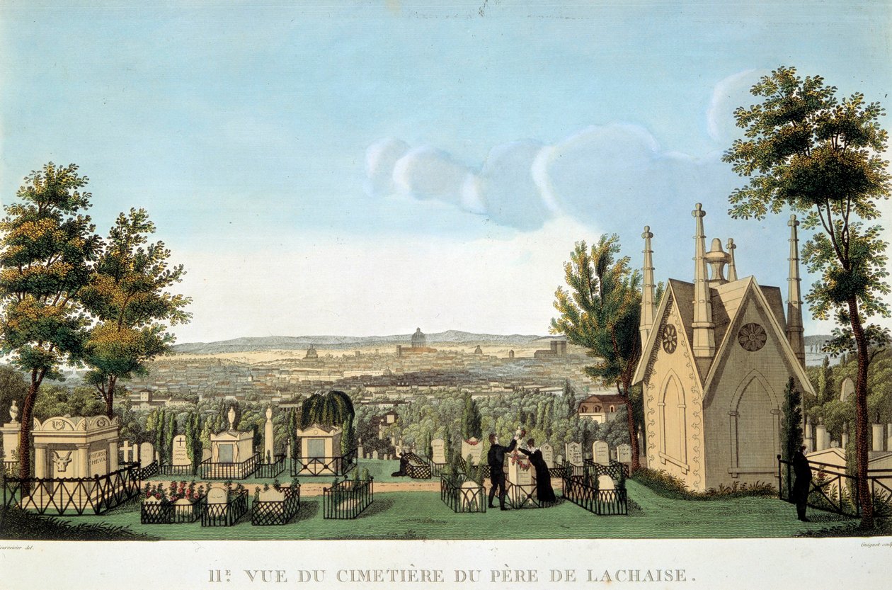 Pohled na hřbitov Pere Lachaise v Paříži. Anonymní litografie z 19. století. Soukromá sbírka od French School